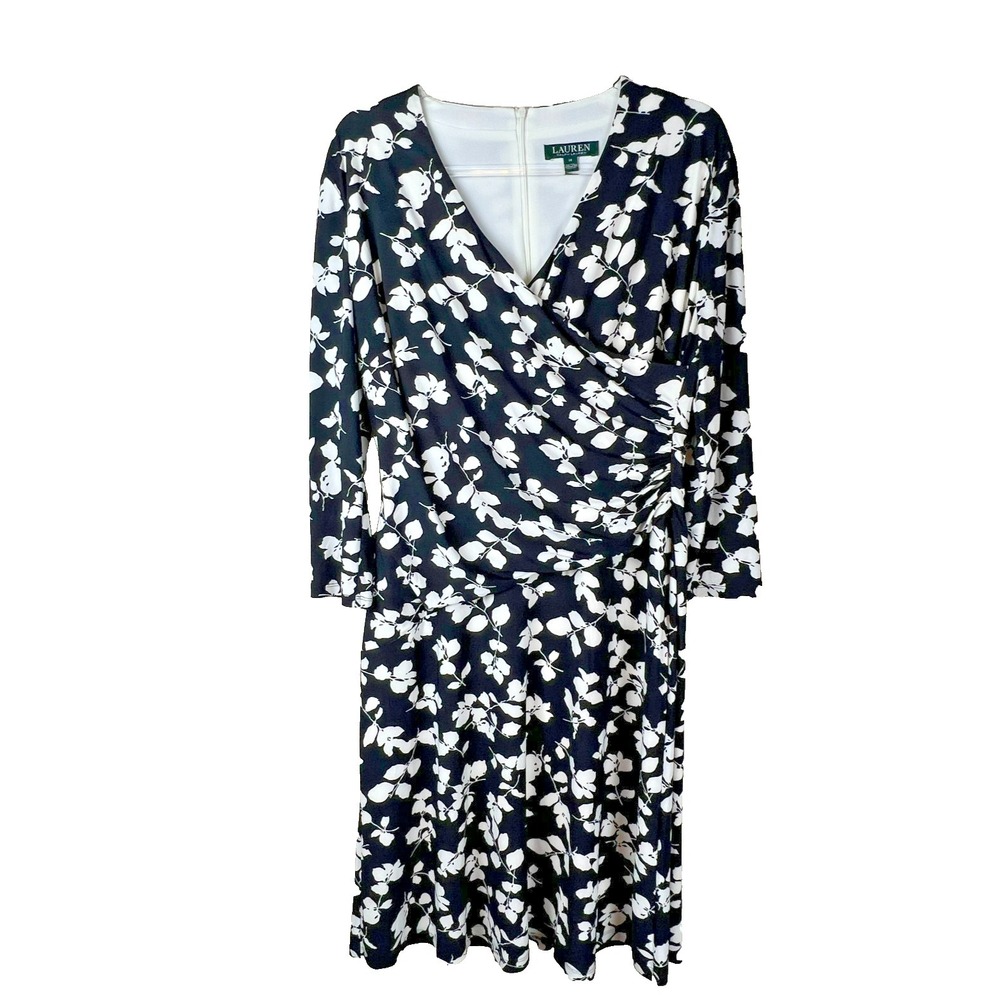 Lauren Ralph Lauren Black White Floral Wrap Look Dress Ruched Side Flowy Size 14